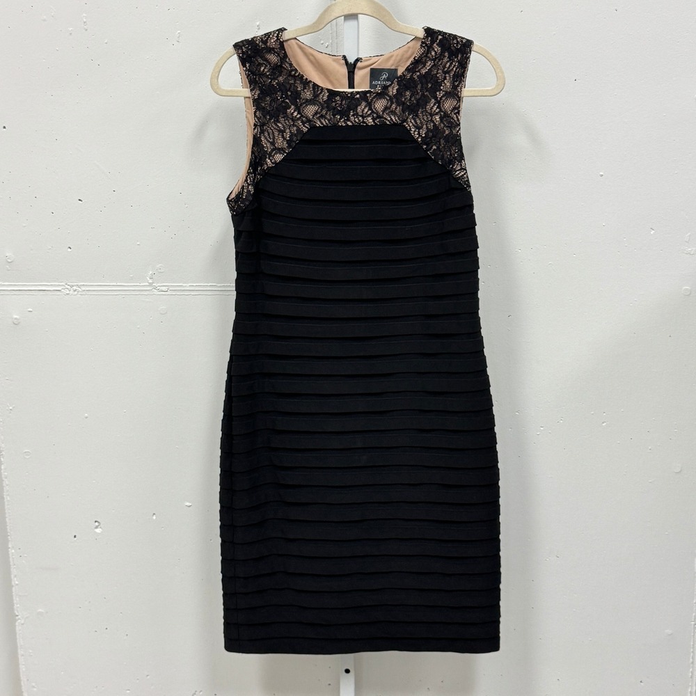 Adrianna Papell Tiered Ribbon Lace Sheath Dress Size 12 Sleeveless Cocktail Blk
